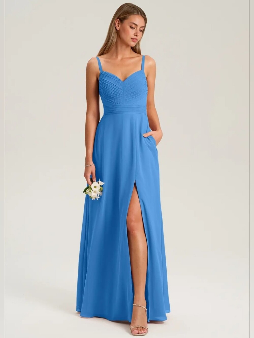 NWT Azazie Terese Blue Jay A-Line Pleated Chiffon Dress Size A00